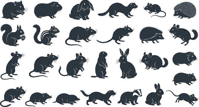 Small mammal and rodent silhouette vector set featuring wild animals like mice rats squirrels rabbits hedgehogs ferrets badgers and guinea pigs