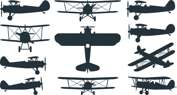 Vintage biplane airplane silhouette collection featuring retro propeller aircraft in various flight angles front side and top views vector