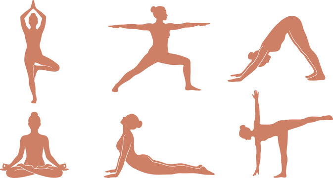 Yoga pose silhouette collection featuring various healthy wellness positions like downward dog tree warrior lotus cobra and half moon vector