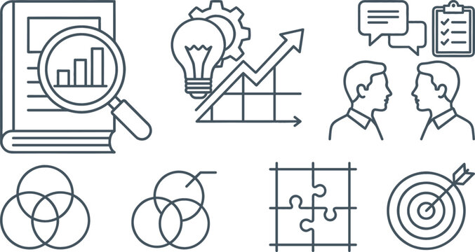 Business analytics and strategy vector icon set with market research data analysis teamwork puzzle solution and target goals