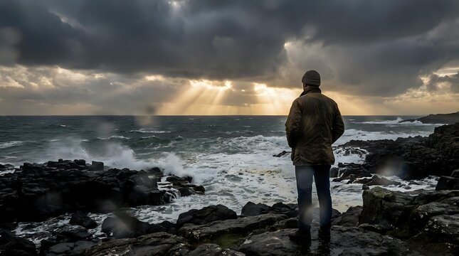 Man standing on rocky coastline gazing at dramatic stormy ocean with golden sunrays breaking through dark clouds, contemplative mood, suitable for motivational and travel content.