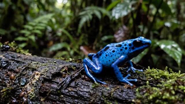 Vibrant Blue Poison Dart Frog Perched on Mossy Log in Lush Rainforest.