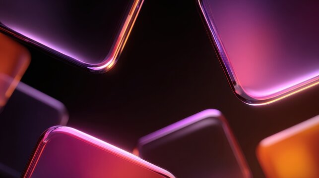 Abstract geometric background with glowing neon translucent squares. Creative 3d digital composition with floating glass plates red purple orange light gradient design for technology wallpaper.