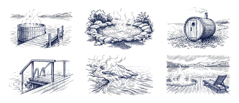 Hot spring sauna sketch set featuring outdoor wellness baths, barrel sauna, wooden hot tub on dock, lounge deck, and steaming natural geyser pools in hand-drawn vintage engraving lifestyle graphics.