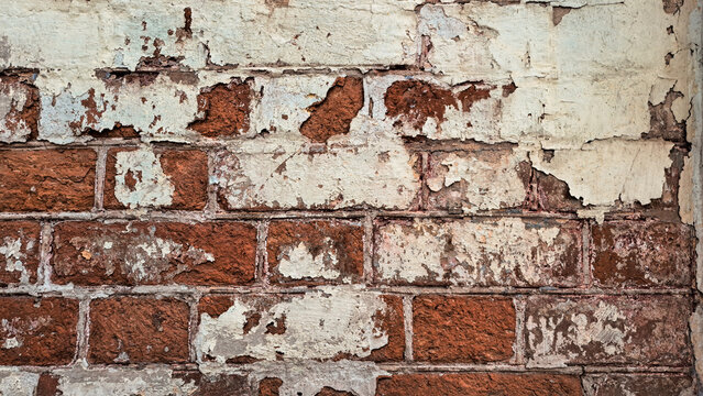 Horizontal Grunge Brick Wall Texture: Old Red Bricks with Peeling White Plaster and Distressed Loft Cement Background