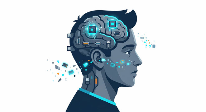 Vector illustration of a man's profile with an exposed brain integrated with glowing microchips, circuits, and floating digital data, representing artificial intelligence, brain-computer interfaces.