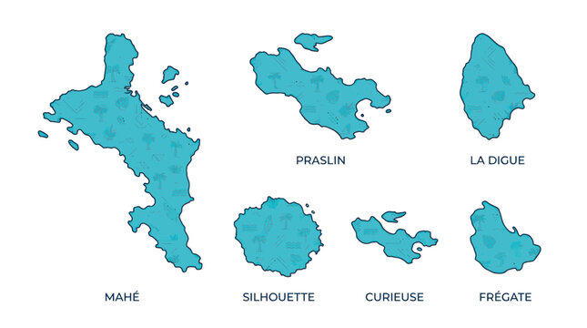 Seychelles Islands Map Vector - Mah&eacute;, Praslin, La Digue, Silhouette, Curieuse, Fr&eacute;gate