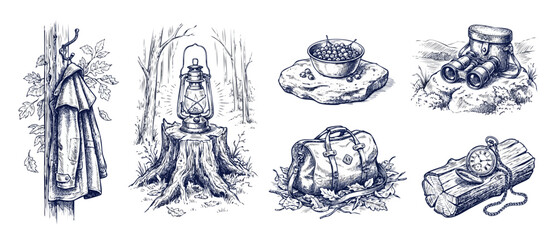 Vintage camping gear illustration set of retro hiking equipment and wilderness adventure icons featuring a lantern, binoculars, travel bag, pocket watch, and jacket in classic woodcut engraving style. © Dinali