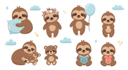Obraz premium Adorable cartoon sloth collection with pillow, balloon and heart, nursery vector art