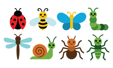 Naklejka premium Set of cute garden insects featuring a ladybug bee butterfly caterpillar dragonfly snail ant and grasshopper in a colorful flat vector illustration