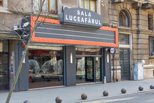 Entrance of Sala Luceafarul, a cultural and entertainment venue in central Bucharest, Romania March 15 2026