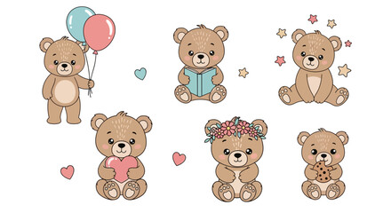 Obraz premium Cute Cartoon Teddy Bears Set with Balloons and Flowers