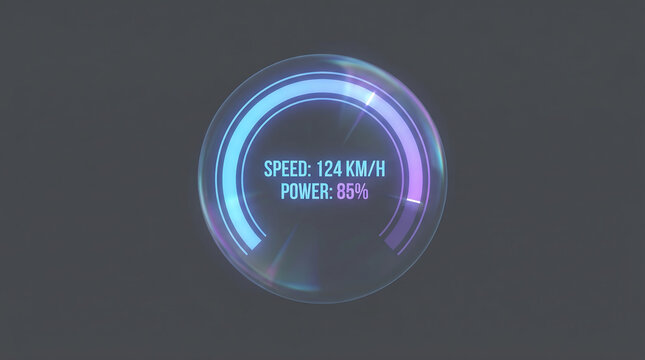 Holographic circular HUD speedometer element displaying speed and power in a futuristic digital bubble UI