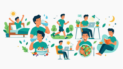 Fototapeta premium A healthy lifestyle montage depicting a man's daily routine, including waking up, eating healthy food, exercising, working, and relaxing with a book. isolated on white background