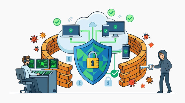 Digital security and cybersecurity concept illustration, showing a firewall, cloud computing, and a hacker trying to bypass security measures. isolated on white background