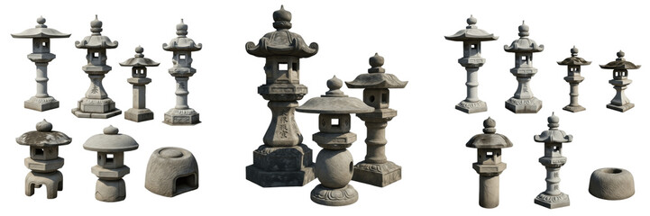 Collection of Traditional Japanese Stone Lanterns Isolated on White Background PNG for Garden Design © NunoMendes