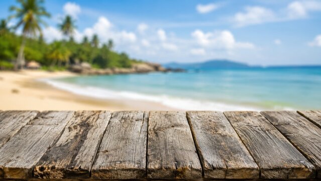 Weathered wooden planks overlooking tropical beach and ocean view