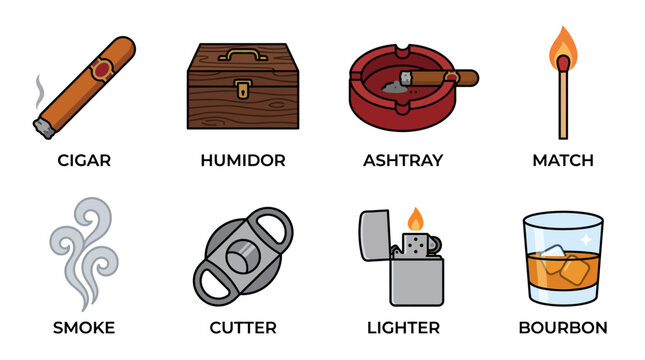 Collection of smoking and fire related items illustration.