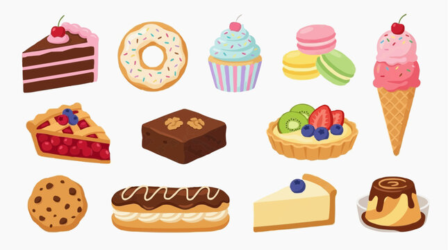 A delightful assortment of sweet treats, including cake, donuts, cupcakes, macarons, ice cream, pies, brownies, tarts, eclairs, cookies, and pudding. isolated on white background