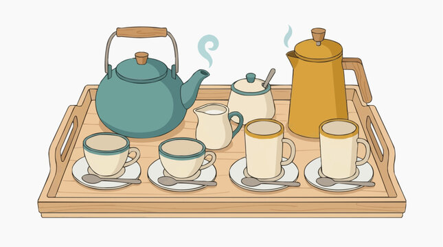 A charming illustration of a tea set on a wooden tray, ready to serve a warm beverage. Featuring teacups, a teapot, creamer, sugar bowl, and a coffee pot. isolated on white background