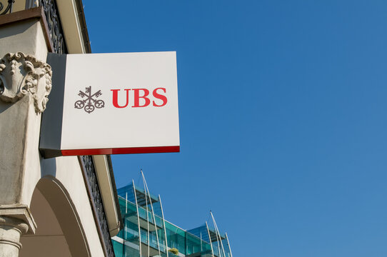 UBS bank corporate logo sign on building facade in Paradiso, Lugano Switzerland
