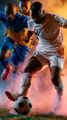 Naklejka premium Electrifying football image showing a player's boot connecting with the ball in a burst of sparks and stadium glow.