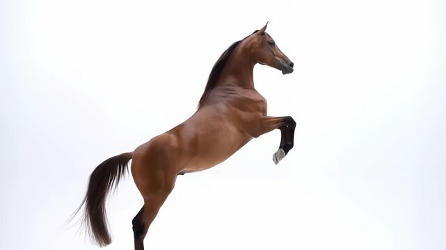 Elegant horse rearing in slow motion on white background