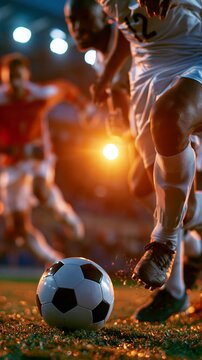 High-energy soccer photography of an athlete kicking mid-slide, with dirt explosion and glowing arena lights behind him.