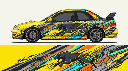Fototapeta premium Yellow Car with Colorful Racing Stripes.