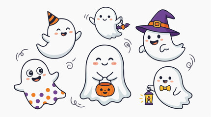 Fototapeta premium Cute cartoon ghosts celebrating Halloween with candy and lanterns, set against a white background. isolated on white background