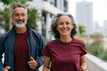 Naklejka premium Mature couple jogging together on city walkway smiling and staying fit for active lifestyle background and wellness banner design