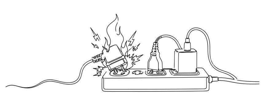 Simple illustration of an overloaded power strip with sparks and flames, highlighting electrical safety risks.