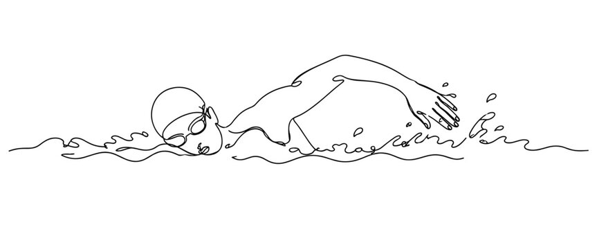 Minimal line illustration of a swimmer performing freestyle in water, representing fitness, training and aquatic sports.