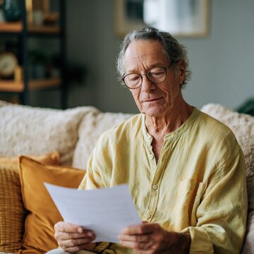 Senior man reading a letter at home for personal correspondence and retirement communication background for wellness and lifestyle design