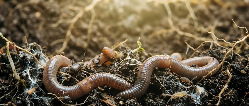 Earthworms in soil with organic matter and roots, suitable for agriculture, gardening, composting, and environmental education content.