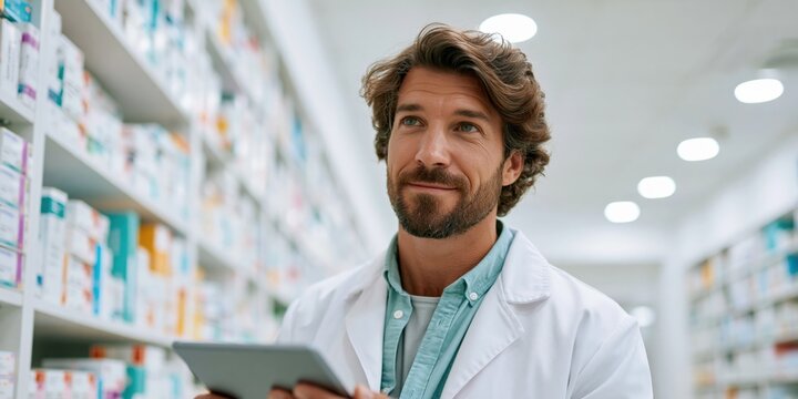 Male pharmacist using a tablet in a pharmacy aisle for healthcare banner and medical retail background