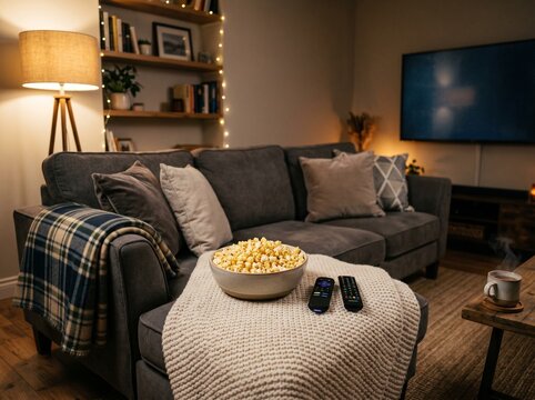 Relaxing evening with popcorn and remote control on cozy living room sofa