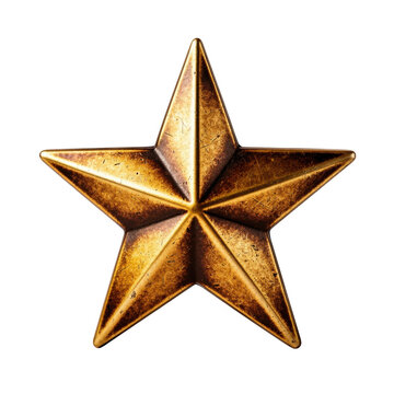 Vintage bronze metal five pointed star rustic emblem as isolated on transparent background