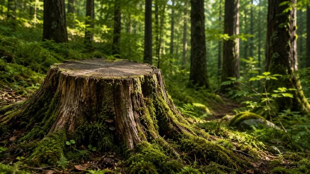 Moss covered tree stump in dense green forest