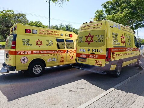 Rishon Lezion, Israel &ndash; 03.06.2026. Magen David Adom ambulance on the street near the emergency hospital. Israeli Red cross ambulance car.