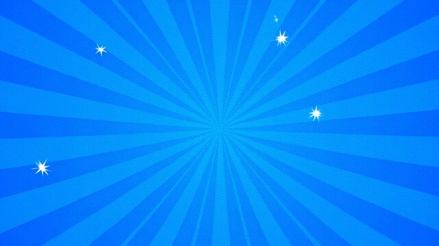 Panning shot of white star shapes drifting across blue radial burst background in seamless looping animated graphic backdrop