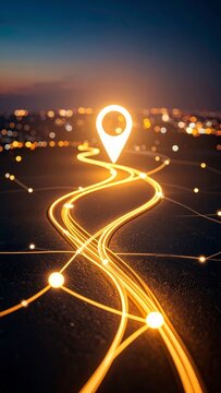 Illuminated navigation path guiding to location with cityscape view