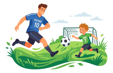 Fototapeta premium Father and son playing soccer on the field illustration