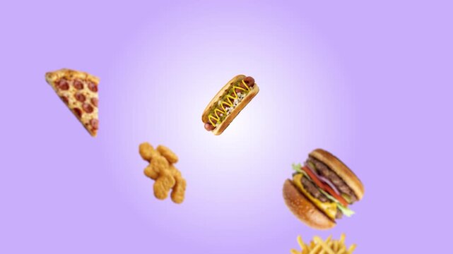 Falling fast food mix with hotdog nuggets and burger on purple gradient background