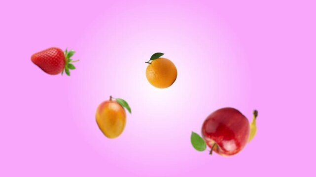Floating fresh organic fruits with orange mango and apple on pink gradient background