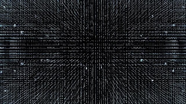 Futuristic digital glitch pattern with symmetrical lines and pulsating effects
