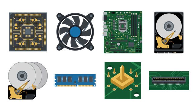 Collection of computer hardware components and parts.