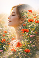 Naklejka premium Serene woman in flower field embracing nature and tranquility
