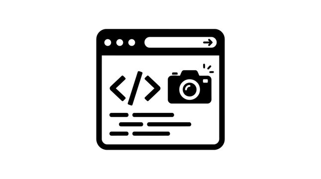 Coding interface with camera icon for web development and photography integration