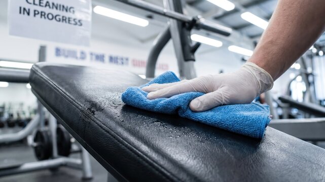 Cleaning Black Leather Gym Bench with Microfiber Cloth to Maintain Sanitation Standards